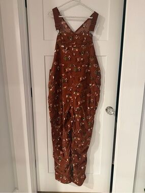 Duluth Trading Co Rust Floral Overall Dress with Bird Print